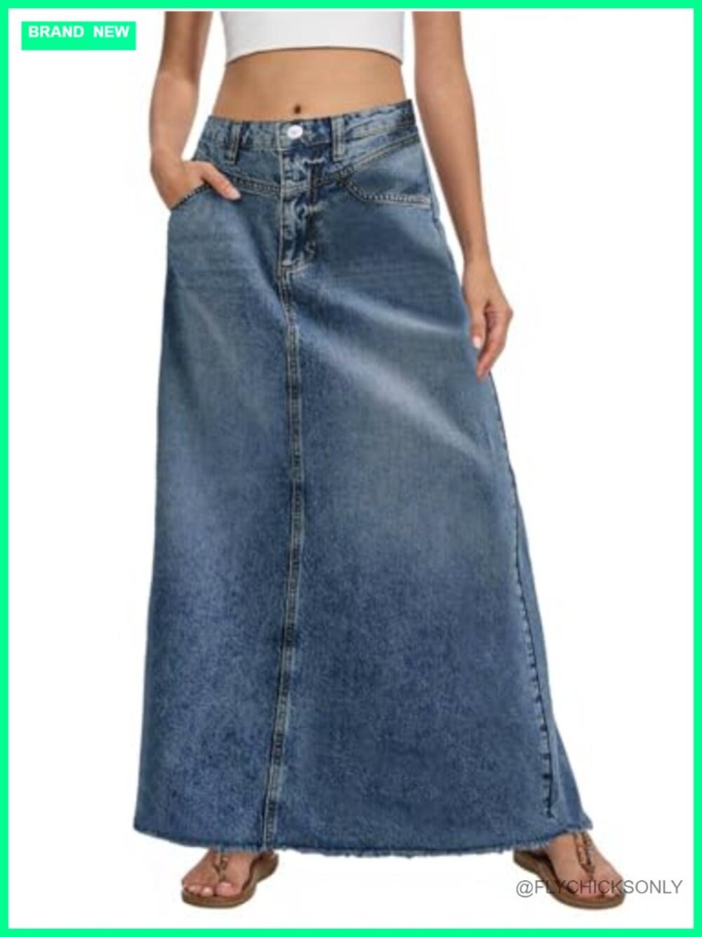 Vintage Denim Maxi Skirt High Waist A-Line Frayed Hem Long Jean Skirt with